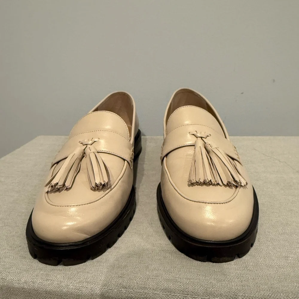 Beige Leather Tassel Loafers - Picture 3 of 9